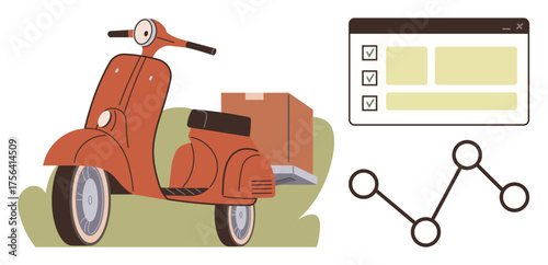 Vintage orange scooter carrying a delivery package. Checklist interface and connected nodes visualize planning, logistics, delivery, management, organization, mobility, collaboration. Simple flat