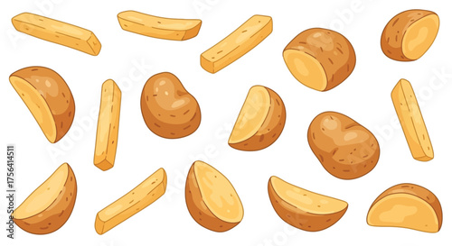 Cartoonish potatoes and fries set in various cuts and shapes design