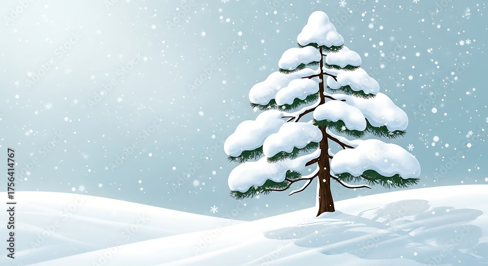 Naklejka premium Snow-covered evergreen tree on winter hill — serene snowfall, peaceful nature, holiday season tranquility