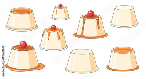 Collection of delicious milk pudding desserts with fruity and caramel toppings