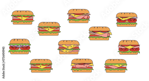 Colorful assortment of diverse sandwiches presented on a pristine white background