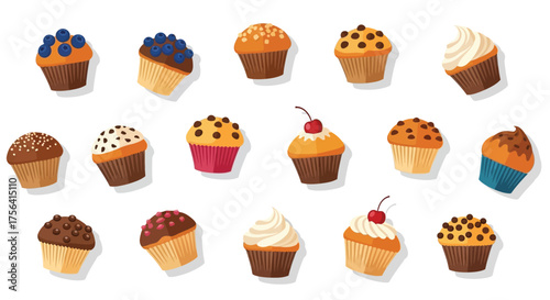 Delightful assortment of cartoon cupcakes on a pristine backdrop