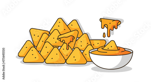 Delicious and appetizing nachos with a creamy cheese dip illustration