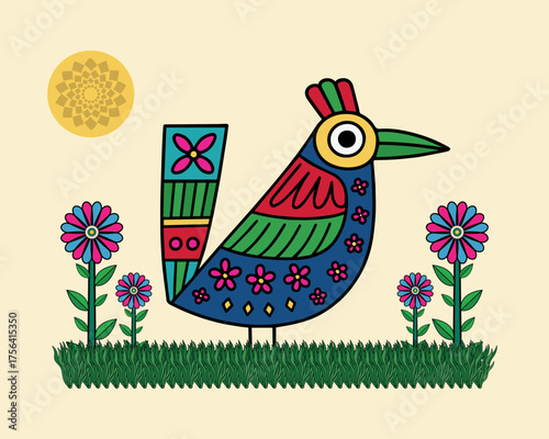 Madhubani Painting: Capturing the Serenity of Nature with Intricate Avian and Floral Patterns. Madhubani art, Bird flower, Indian folk art, Mithila painting