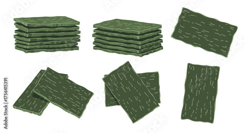 Crispy seaweed snack arrangements on a clean white backdrop offering diverse culinary options