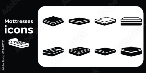 Mattress icon set. Collection of different mattress types, including orthopedic, air, and inflatable beds. Bedding and sleep comfort glyph symbols.