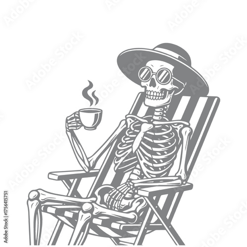 Chilling Skeleton with Coffee and Sunglasses Design Illustration