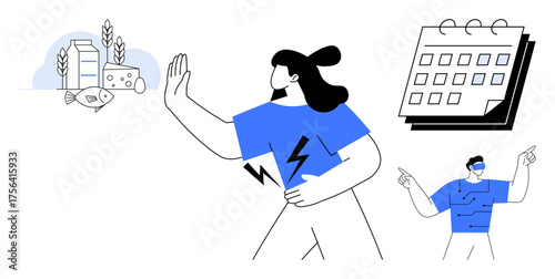 Woman rejecting allergenic food while holding her stomach in discomfort. Features illustration of dietary tracking calendar and professional guidance. Ideal for wellness, food intolerance, health