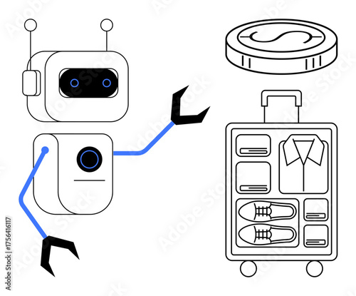 Robot using mechanical arms to manage packed suitcase and clothing with clear compartments and coin icon. Ideal for automation, travel, packing, AI in tasks, innovation, fintech, simple flat metaphor