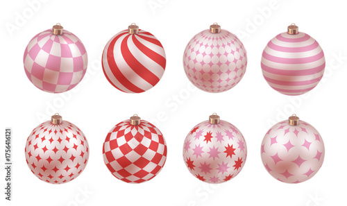Red and pink matte Christmas balls set with minimal geometric patterns isolated on white background. Xmas tree decoration with ornament. Vector bauble collection