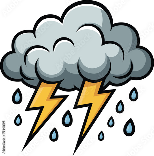 A dark storm cloud hovers as two bright lightning bolts flash downward through falling raindrops, evoking dramatic weather energy. This bold, expressive scene visually captures thunderstorm conditions