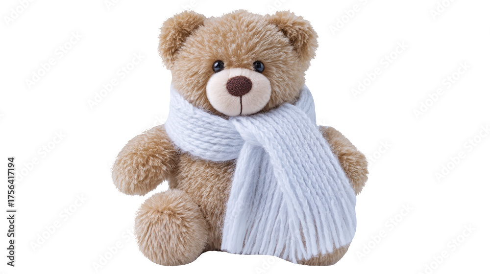 Fototapeta premium Classic teddy bear with winter scarf on transparent background, soft plush toy for Christmas decoration, cozy holiday gift, childhood nostalgia symbol.
