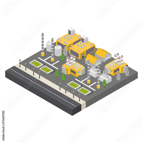 Industrial work plant concept with chimney tower isometric