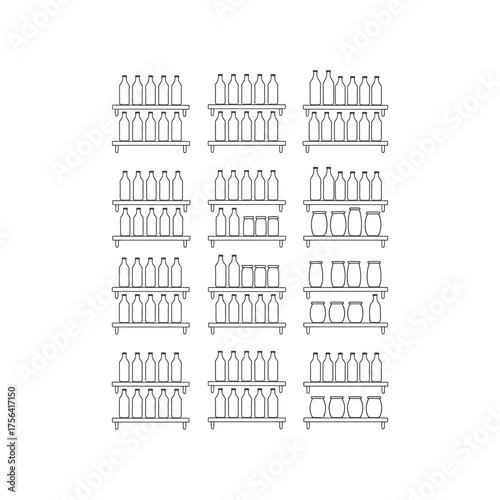 Collection of outline bottles and jars arranged on shelves shelf