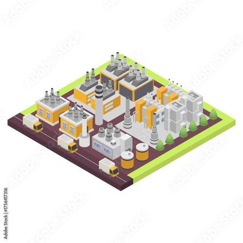 Concept of industrial plant with chimney tower or pipes isometric