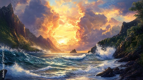 A breathtaking seascape painting captures the vibrant hues of sunset over the ocean, with waves crashing against rocky cliffs and lush vegetation