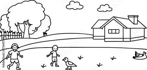 Children playing in a grassy field with a house and trees isolated on transparent background
