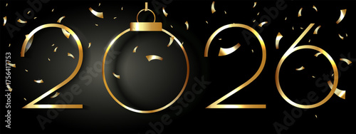 2026 golden numbers with confetti paper pieces. New Year 2026 luxury Background With Shiny Confetti and golden bauble for Christmas decoration. Banners with festive mood. Holiday design for greeting C