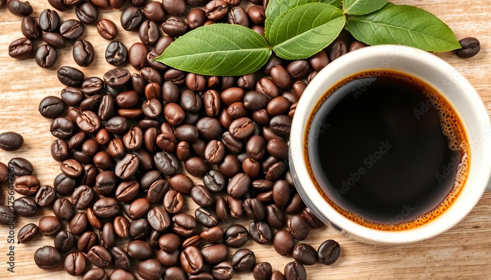 Fototapeta premium Dark roasted coffee beans and freshly brewed coffee in a cup, rich, hot beverage