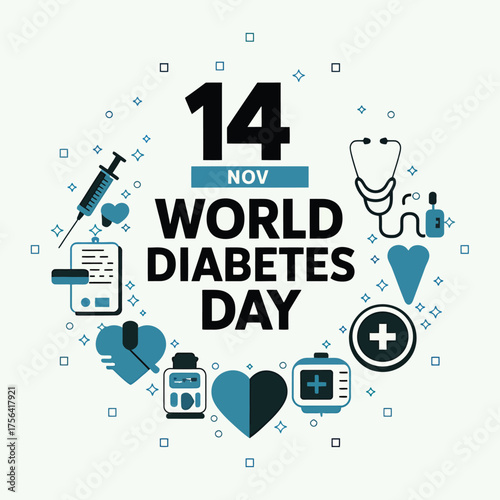 Vector art of world diabetes day celebration with medical icons, syringe, stethoscope, and blood glucose meter