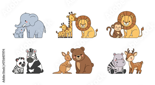 Cartoon animal mothers with babies elephant giraffe lion monkey zebra kangaroo bear hippo deer