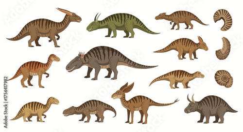 Assorted dinosaur species varying in size and color are depicted alongside ammonite fossils all set on a white background
