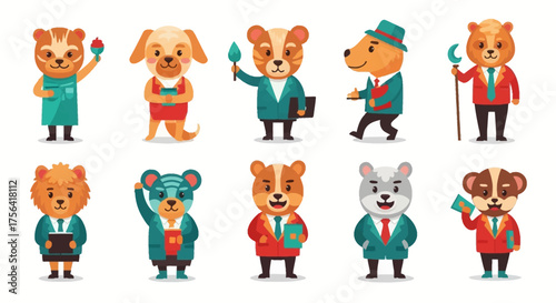 Cartoon animals dressed in human clothing standing upright