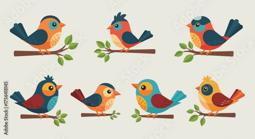 Cartoon birds are perched on branches with green leaves