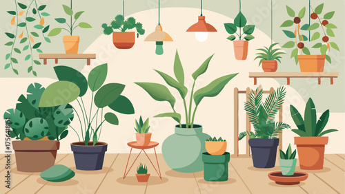 A collection of potted plants tered throughout the loft adding pops of greenery and natural elements.