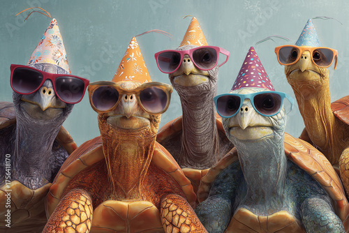 Five tortoises wearing party hats and sunglasses celebrating a birthday