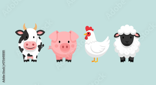 Cartoon cow pig chicken and sheep stand sidebyside on a light blue background
