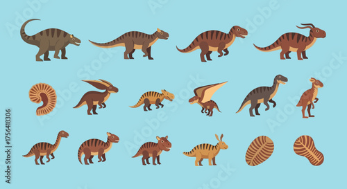 Cartoon dinosaurs  fossils on light blue