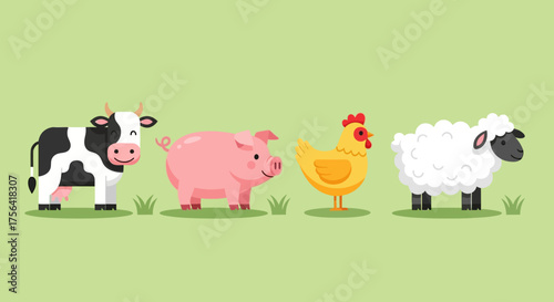 Cartoon farm animals cow pig chicken sheep stand on a green field with small grass tufts