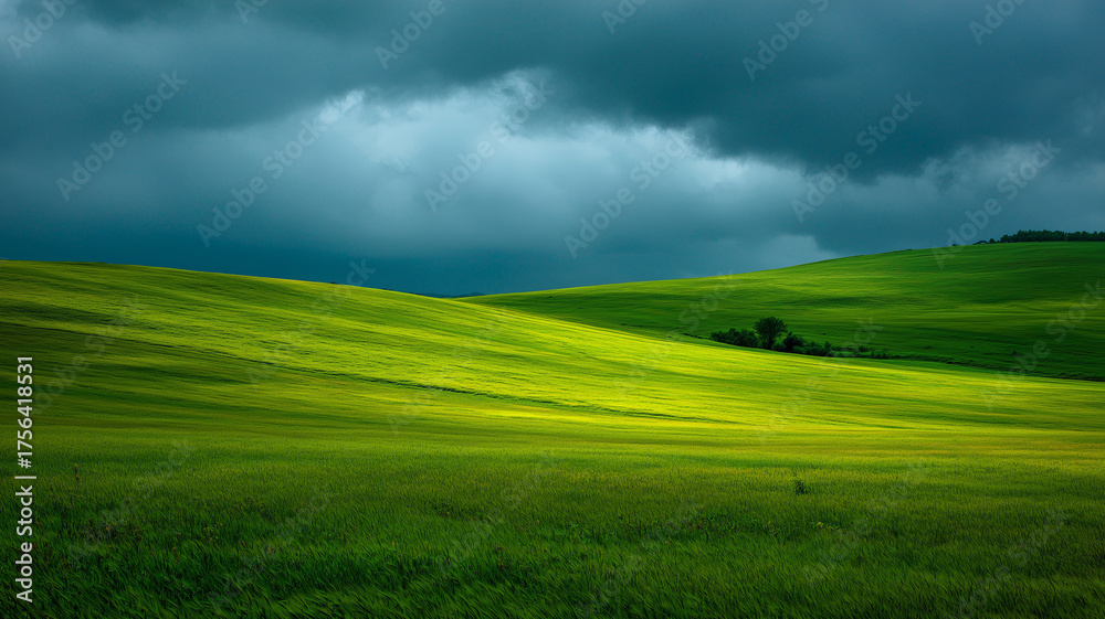 Fototapeta premium Rolling green hills and a pre-rain sky concept poster. Green valley background. Digital illustration. AI artwork.