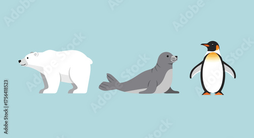 Cartoon of a polar bear seal and penguin against a light blue background