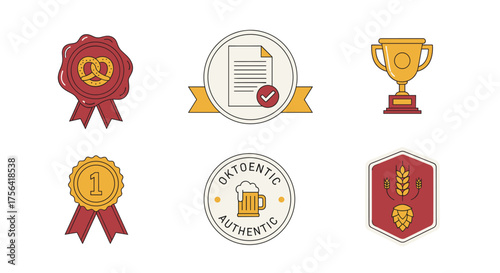 A collection of vector badges and seals featuring a pretzel, document, trophy, medal, beer mug, and hop design, perfect for branding and promotional materials.