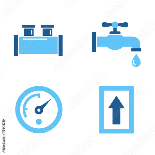 Plumbing and measurement tools, including a pipe fitting, a faucet with a water drop, a pressure gauge, and an upward arrow.