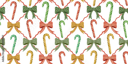decorative seamless pattern striped candy canes licorice sticks colorful ribbon bows white christmas new year retro background wallpaper web design