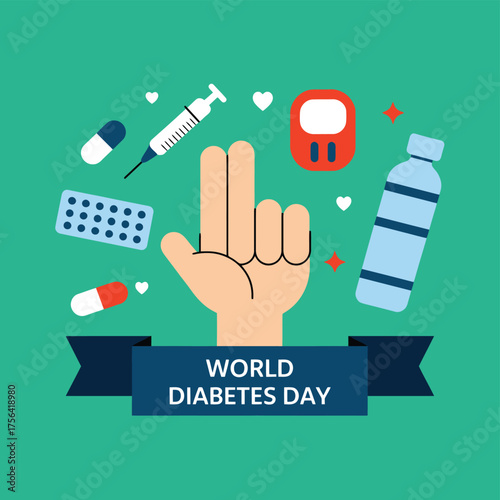 Vector art of world diabetes day celebration with medical supplies like syringes, pills, and a glucometer, centered around a hand