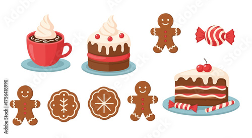 Vector illustration of a vibrant assortment of christmas sweets featuring hot chocolate, iced cakes, gingerbread figures, and striped candies on a blue background