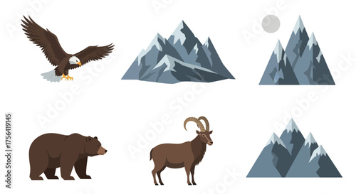 Eagle bear ibex  mountains Flat illustration on white