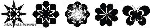 Black floral and butterfly silhouette vector set, decorative flower shapes and geometric petals design for modern art, logo, and pattern creation
