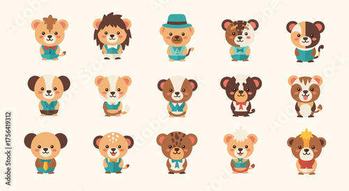 Fifteen cartoon animals with cute facial expressions wear formal attire on a white background