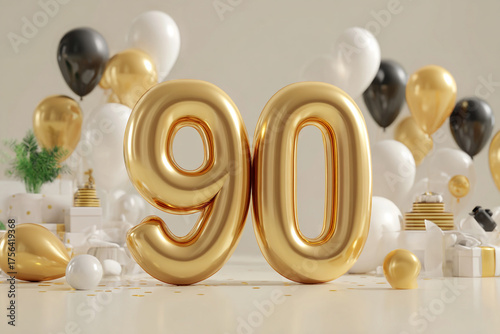 Gold number ninety balloons gifts and confetti for a 90th birthday celebration