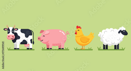 Four cartoon farm animalscow pig chicken sheepstand on a green grass background