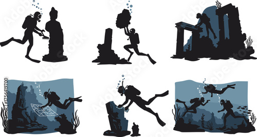 Underwater archaeologists exploring ancient ruins, scuba divers discovering lost city artifacts, marine research, underwater history exploration and adventure illustration