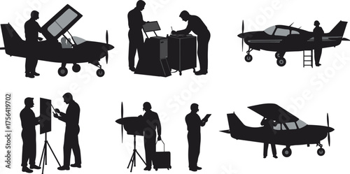 Aircraft maintenance engineers inspecting small airplane, aviation technicians performing preflight checks, pilot training, airplane repair, aircraft safety inspection illustration