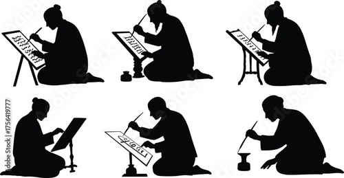 Silhouette of people writing with quill pen on parchment, vintage calligraphy art illustration, medieval manuscript creation concept design