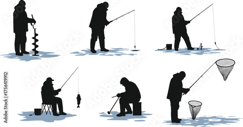 Silhouette of people ice fishing on frozen lake in winter season using fishing rods, auger, net, and bucket equipment
