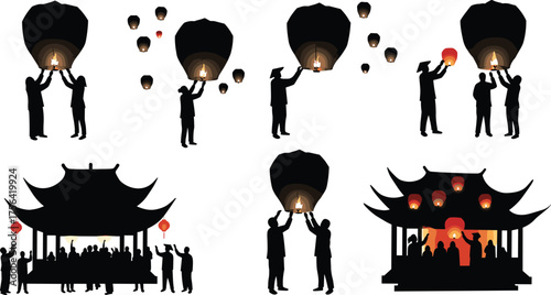 Silhouette of people releasing sky lanterns at night temple festival, traditional celebration with glowing fire light, peace, and hope
